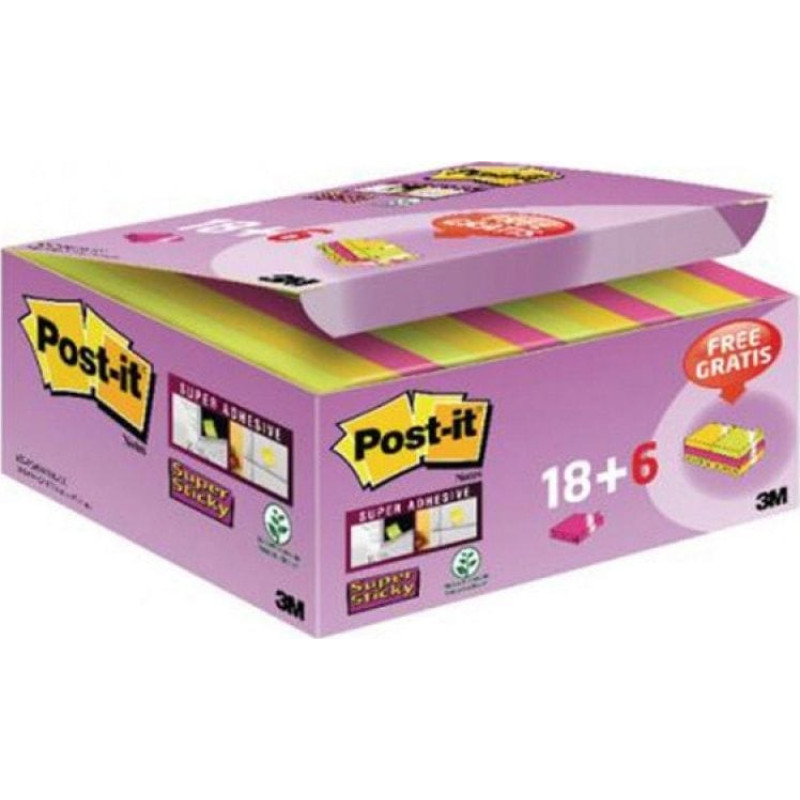 Post-It Karteczki samoprzylepne POST-IT Super Sticky (622-P24SSCOL), 47,6x47,6mm, 18+6x90 kart., mix kolorów, GRATIS