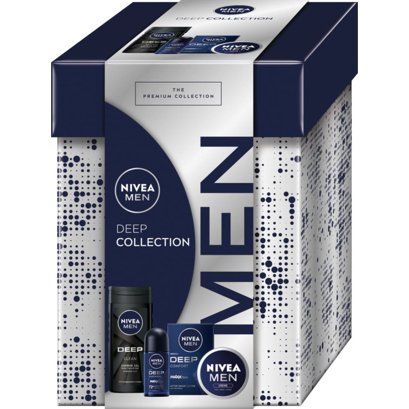 Alkotest NIVEA_SET Deep Collection krem uniwersalny 75ml + antyperspirant roll-on 50ml + żel pod prysznic 250ml + woda po goleniu 100ml