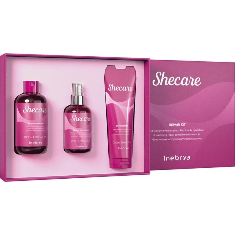 Inebrya _SET Shecare Repair kuracja do włosów zniszczonych zabiegami chemicznymi  Shampoo 300ml + Mask 300ml + Spray 200ml