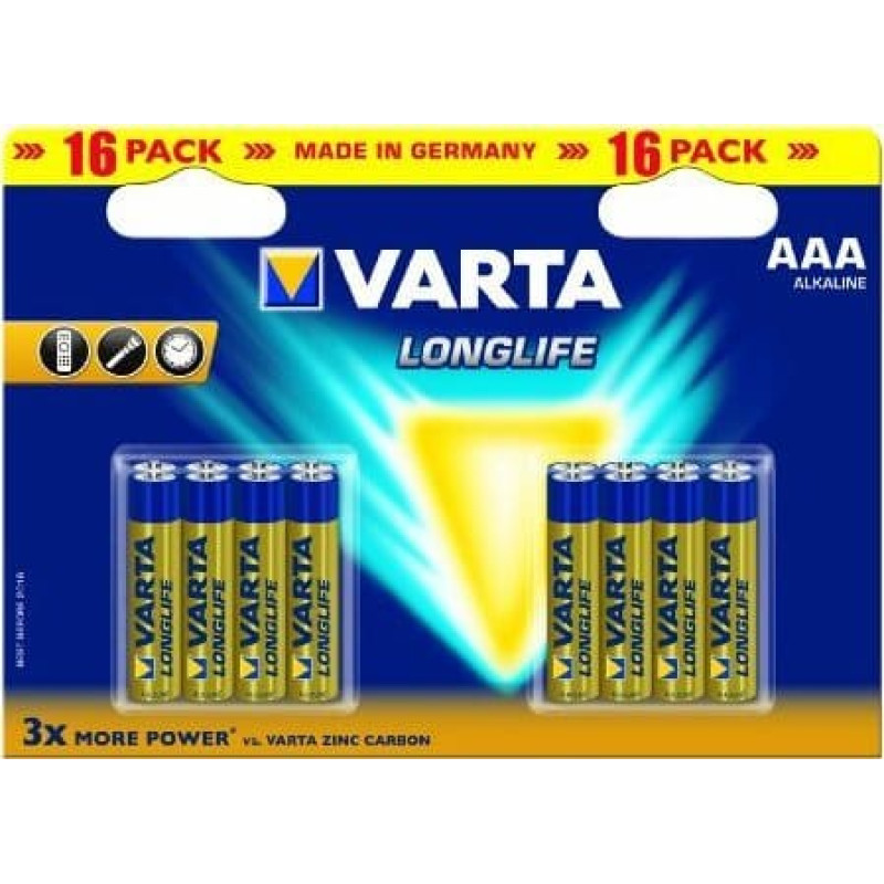 Varta Varta BV-LL 16 AAA, Single-use battery, AAA, Alkaline, 16 pc(s), Blue, Yellow, 122 mm