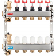 Ferro Rozdzielacz ze stali nierdzewnej 1 9-drogowy z zaworami termostatycznymi, przepływomierzami, odpowietrznikami automatycznymi, zaworami spustowymi, nyplami 3/4