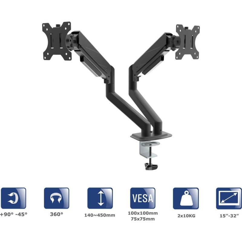 Akyga Uchwyt biurkowy na dwa monitory Akyga AK-MB-06 regulowane ramiona gazowe VESA 75x75mm / 100x100mm 15-32