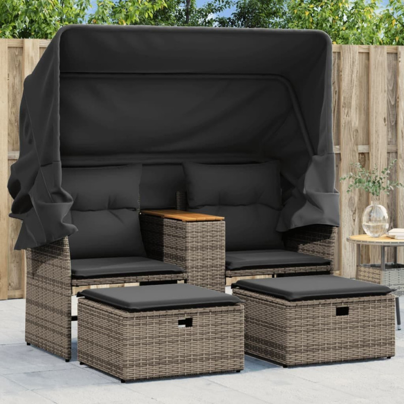 Vidaxl VidaXL Patio Sofa 2-Seater with Canopy and Stools Gray Poly Rattan