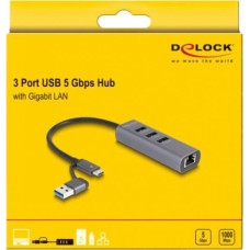 Delock 3 Port USB 5 Gbps Hub + Gigabit LAN with USB Type-C, Docking Station (grey)