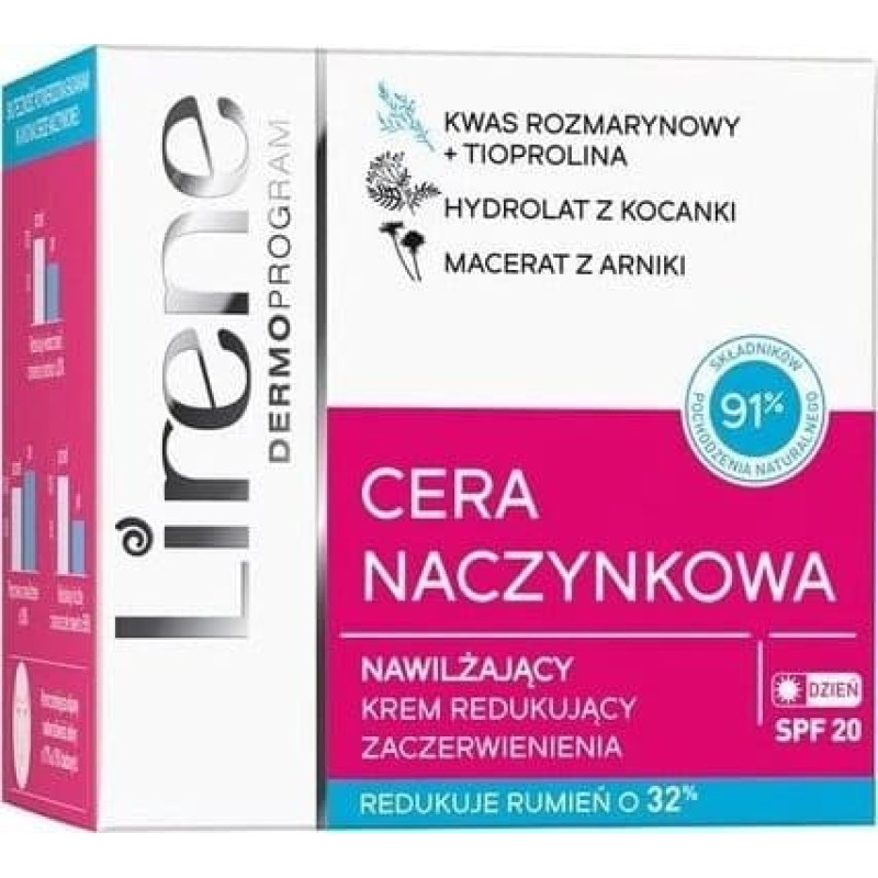 Lirene Lirene, Cera Naczynkowa Nawilżający krem redukujący zaczerwienienia SPF 20, 50 ml - Długi termin ważności!