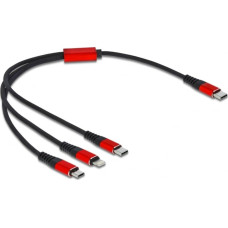 Delock USB Ladekabel, USB-C Stecker > Micro-USB + USB-C + Lightning Stecker (schwarz/rot, 30cm, gesleevt, nur Ladefunktion)