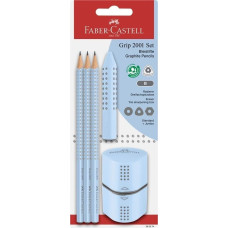 Faber-Castell Ołówek 3szt + gumka + temperówka Grip błękitny