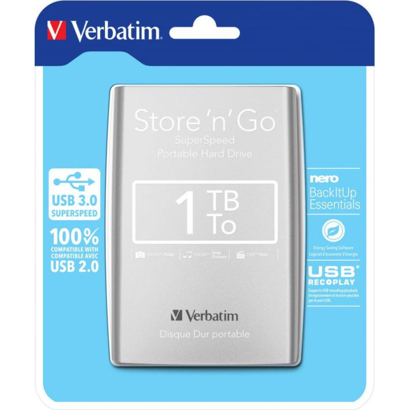 Verbatim Dysk zewnętrzny Verbatim HDD Store 'n' Go Portable 1 TB Srebrny (53071)