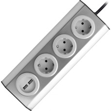 Orno Gniazdo meblowe, kuchenne z ładowarką USB, montowane na rzepy z przewodem 1,5m - 3x2P+Z schuko, 2xUSB, INOX z przewodem 1,5m.