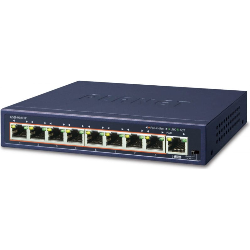 Planet GSD-908HP network switch Unmanaged Gigabit Ethernet (10/100/1000) Power over Ethernet (PoE) Blue