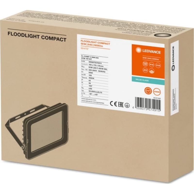 Ledvance Naświetlacz Ledvance Projektor LED FLOOD COMPACT V 50W 840 SYM 100 WT 4058075574915