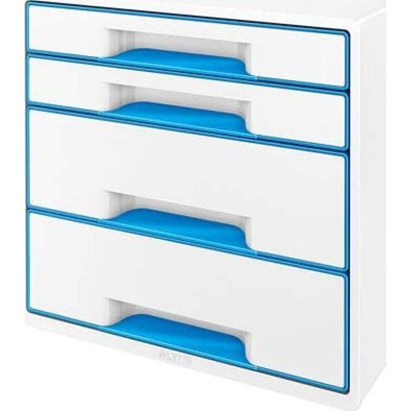 Leitz LEITZ CUBE WOW Schubladen Box perlweiss-blau mit 4 Schubladen. Robust und stabil in ansprechendem 2-farbigem WOW Design in Hochglanz - 52132036