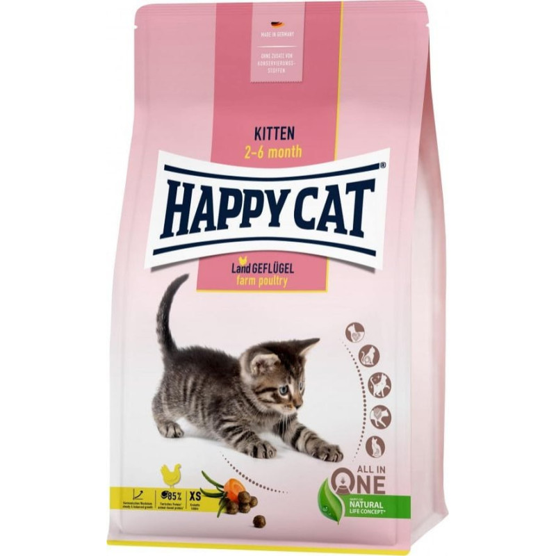 Happy Cat Kitten Farm Poultry, sucha karma, dla kociąt w wieku 2-6 mies, drób, 4 kg, worek