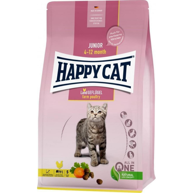 Happy Cat Junior Farm Poultry, sucha karma, dla kociąt w wieku 4-12 mies, drób, 1,3 kg, worek