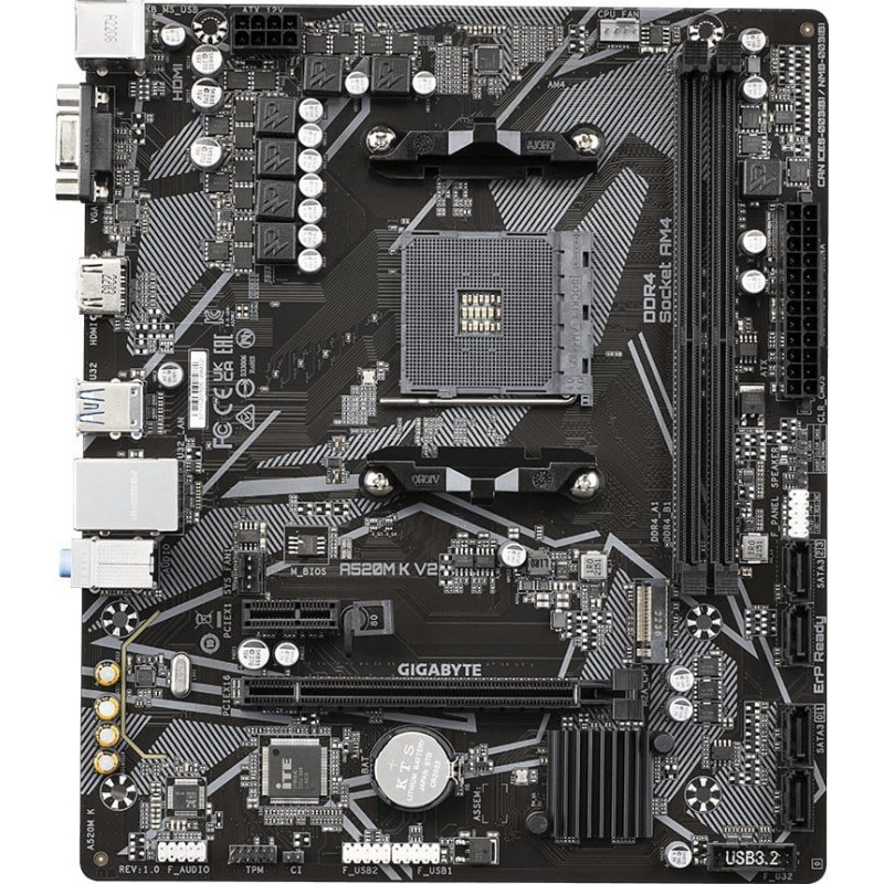 Gigabyte Płyta główna Gigabyte Mainboard|GIGABYTE|AMD A520|SAM4|Micro-ATX|Memory DDR4|Memory slots 2|1xPCI-Express 3.0 1x|1xPCI-Express 3.0 16x|1xM.2|1x15pin D-sub|1xHDMI|2xUSB 2.0|4xUSB 3.2|1xPS/2|1xRJ45|3xAudio port|A520MKV2