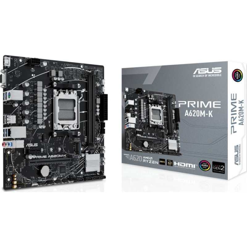 Asus Płyta główna Asus Asus PRIME A620M-K Processor family AMD, Processor socket AM5, DDR5 DIMM, Memory slots 2, Supported hard disk drive interfaces SATA, M.2, Number of SATA connectors 4, Chipset AMD A620, micro-ATX