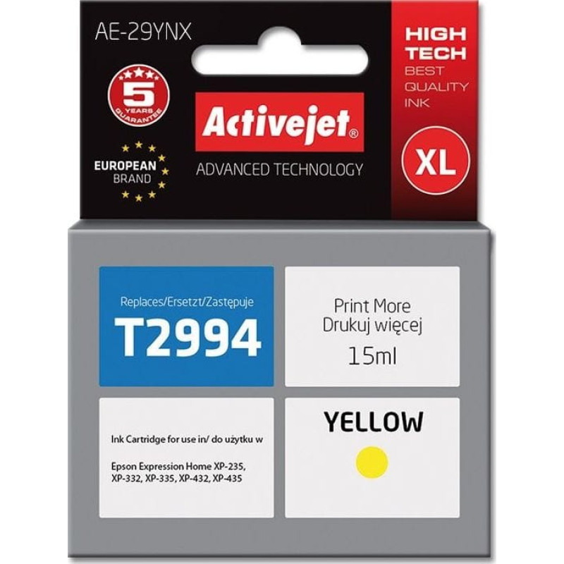 Activejet AE-29YNX ink for Epson printer, Epson 29XL T2994 replacement; Supreme; 15 ml; yellow