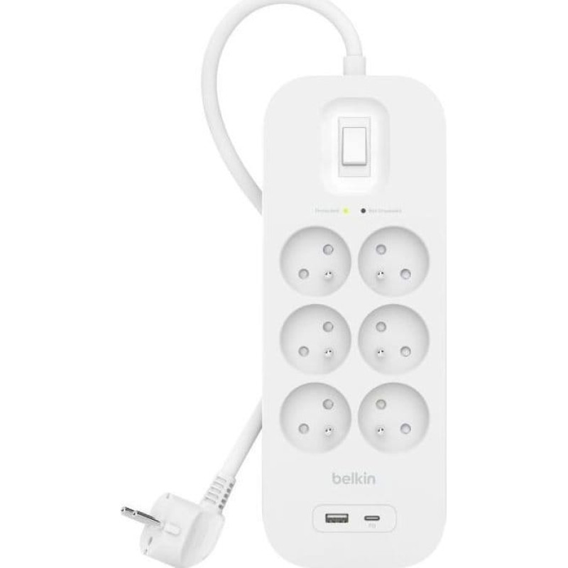 Belkin Listwa zasilająca Belkin Listwa przeciwprzepięciowa SurgePlus 6xFR 1xUSB-A 1xUSB-C 650J 2M