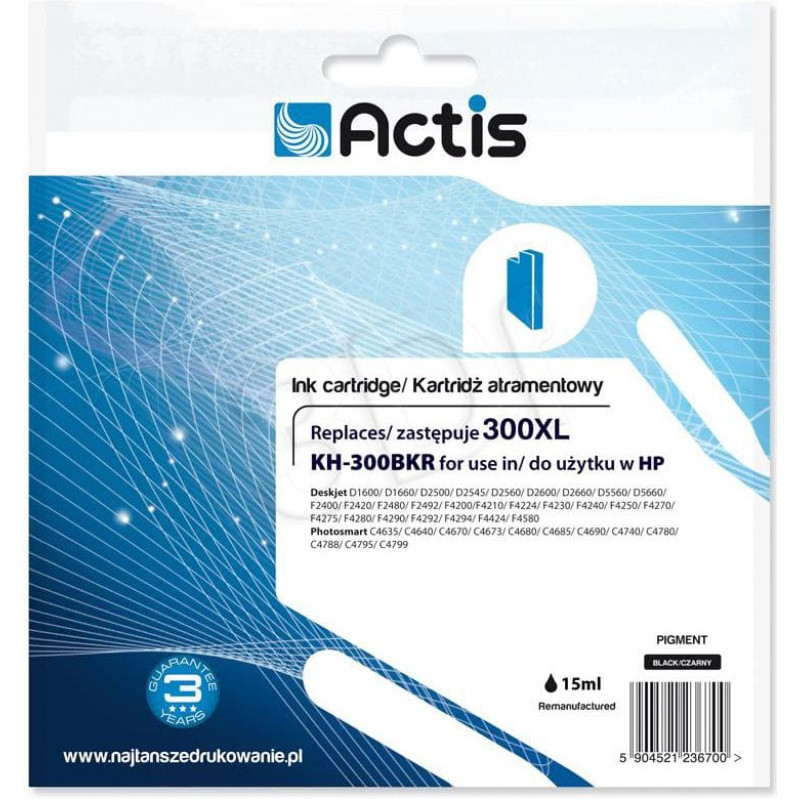 Actis KH-300BKR ink for HP printer; HP 300XL CC641EE replacement; Standard; 15 ml; black