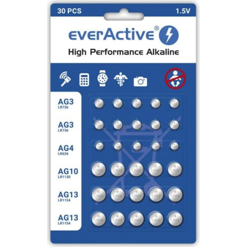 Everactive Mini alkaline battery Set everActive 10 x G3 / LR41, 5 x G4 / LR626, 5 x G10 / LR1130, 10 x G13 / LR1154