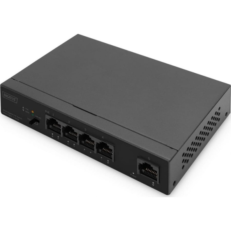 Digitus Switch Digitus Switch niezarządzalny DIGITUS 4x Gigabit Ethernet, PoE af/at 60W, 1 port uplink, desktop