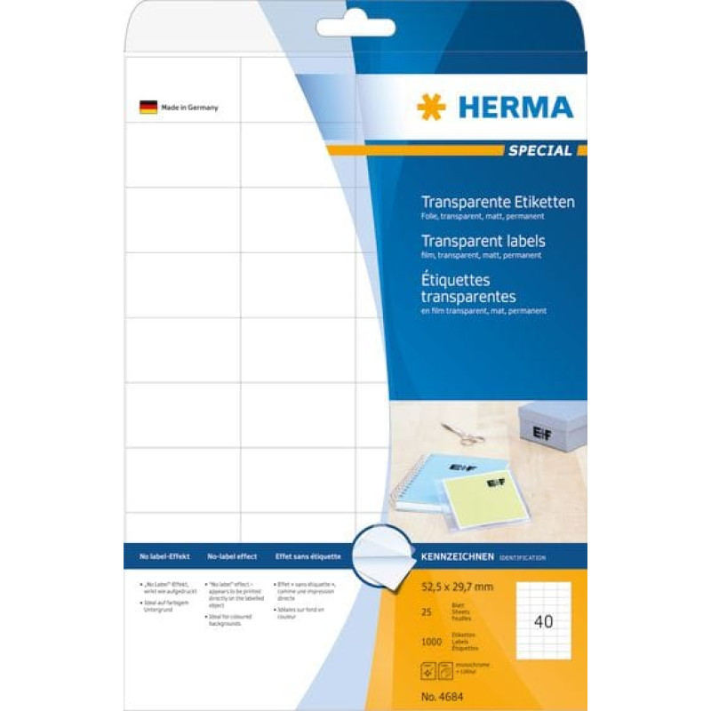 Herma Etykiety foliowe 4684, A4, 63.5 x 29.6 mm, folia przezroczysta matowa, 1000 szt (4684)