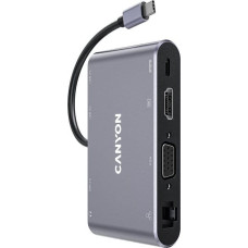 Canyon HUB USB Canyon CANYON  8 in 1 USB C hub, with 1*HDMI: 4K*30Hz, 1*VGA, 1*Type-C PD charging port, Max 100W PD input. 3*USB3.0,transfer speed up to 5Gbps. 1*Glgabit Ethernet, 1*3.5mm audio jack, cable 15cm, Aluminum alloy housing,95*55*17.6 mm, 107g,