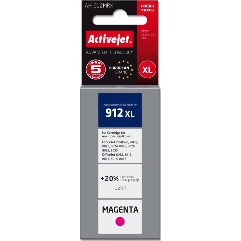 Activejet AH-912MRX ink for HP printers, Replacement HP 912XL 3YL82AE; Premium; 990 pages; purple