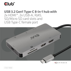 Club 3D CLUB3D USB 3.2 Gen1 Type-C 8-in-1 hub with 2x HDMI, 2x USB-A, RJ45, SD/ Micro SD card slots and USB Type-C female port