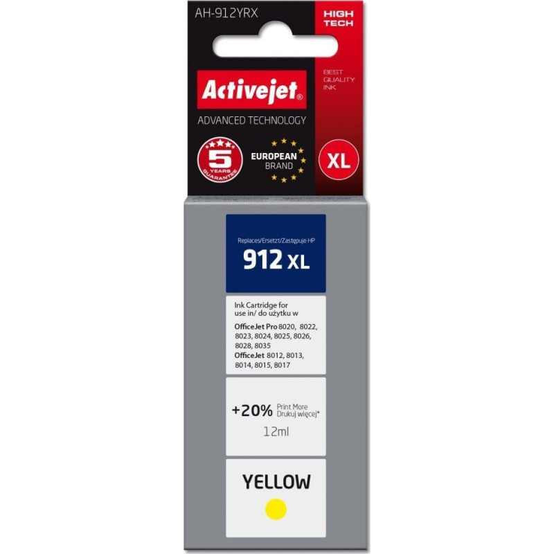 Activejet AH-912YRX ink for HP printers, Replacement HP 912XL 3YL83AE; Premium; 990 pages; yellow