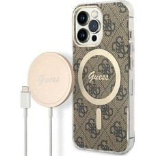 Guess Ładowarka Guess Zestaw Guess etui + ładowarka bezprzewodowa GUBPP13LH4EACSW Apple iPhone 13 Pro brązowy/brown hard case 4G Print MagSafe