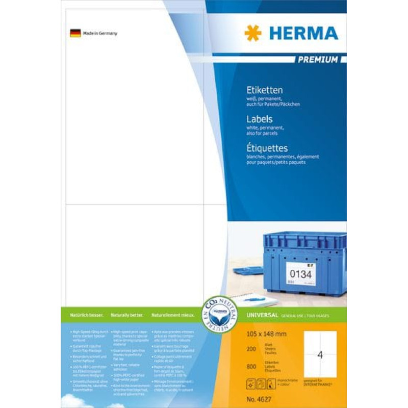 Herma Etykiety Premium A4, białe, papier matowy, 800 szt. (4627)