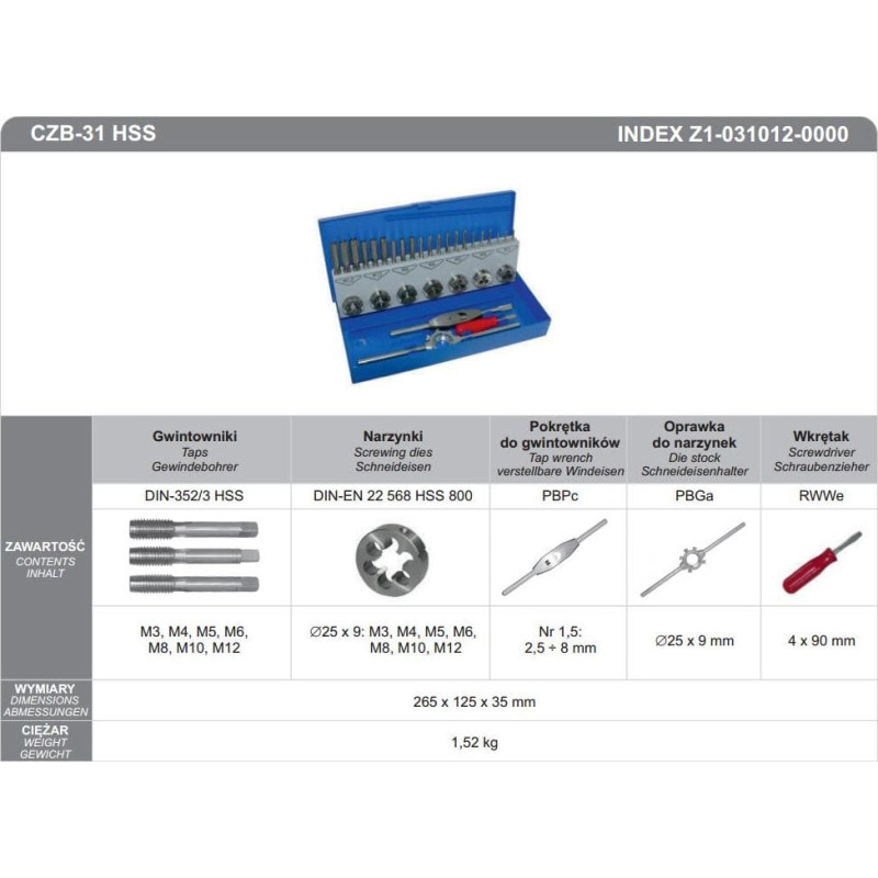 Fanar ZESTAW NARZEDZI DO GWINTOWANIA CZB-31 INOX - Z2-031012-0000