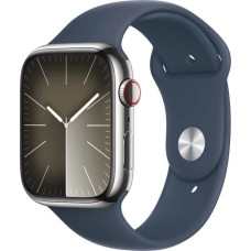 Apple Smartwatch Apple Watch Series 9 GPS + Cellular, 45mm Koperta ze stali nierdzewnej w kolorze srebrnym z paskiem sportowym w kolorze sztormowego błękitu - M/L