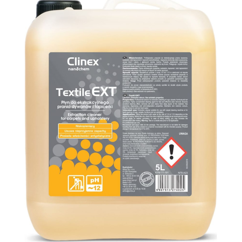 Clinex Płyn do maszynowego i ręcznego prania dywanów i tapicerki CLINEX Textile EXT 5L Płyn do maszynowego i ręcznego prania dywanów i tapicerki CLINEX Textile EXT 5L