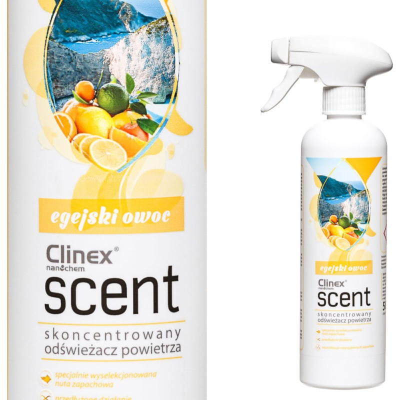 Clinex Skoncentrowany odświeżacz powietrza rozpylany na powierzchnie CLINEX Scent - Egejski Owoc 500ML Skoncentrowany odświeżacz powietrza rozpylany na powierzchnie CLINEX Scent - Egejski Owoc 500ML