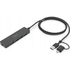 Digitus HUB USB Digitus Hub USB 3.0/Koncentrator DIGITUS 4-portowy SlimLine USB A + adapter USB-C 1,2m 5Gbps złącze zasilania USB-C