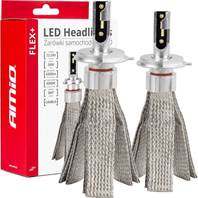 Amio Żarówki samochodowe led seria flex+ h4/h19 6000k 12v 24v canbus amio-03657