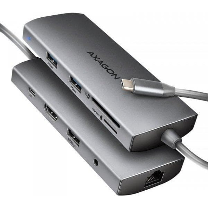 Axagon HUB USB Axagon HMC-8HLSA Wieloportowy hub USB-C 3.2 Gen 1 hub, 3x USB-A + 4K/30Hz HDMI + SD/microSD, GLAN, Audio, PD 100W, 20cm USB-C kabel