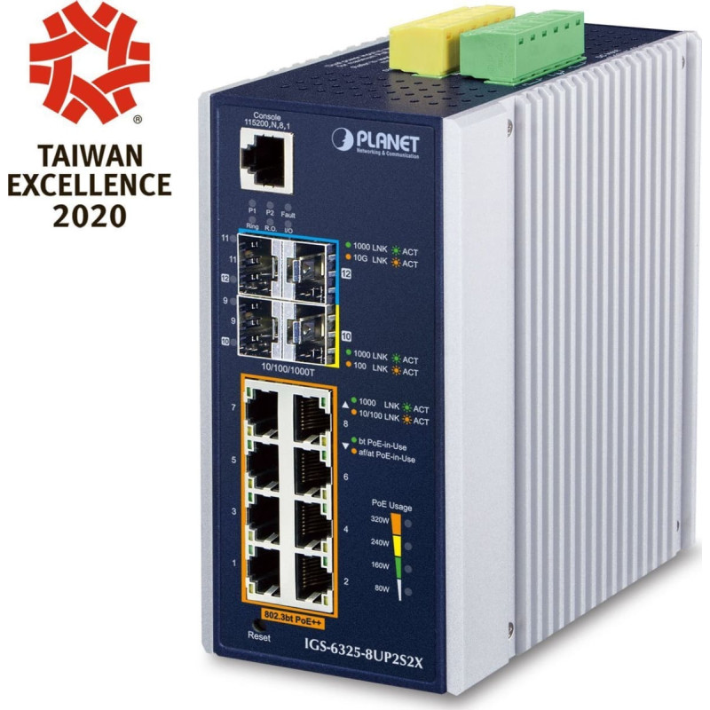 Planet Switch Planet PLANET IP30 DIN-rail Industrial L3 8P Zarządzany Gigabit Ethernet (10/100/1000) Aluminium, Niebieski