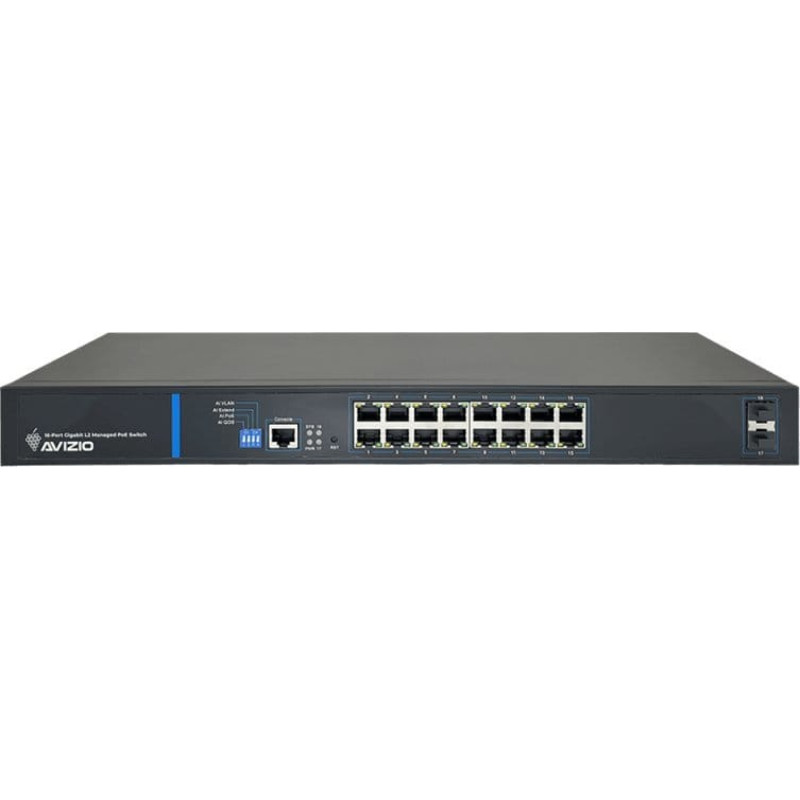 Avizio Switch AVIZIO Zarządzalny przełącznik L2 (switch) 16 portów RJ45 PoE+ 1Gb/s + 2 porty SFP Uplink 1Gb/s (budżet mocy 150W) + 1 port konsolowy RJ45 AVIZIO