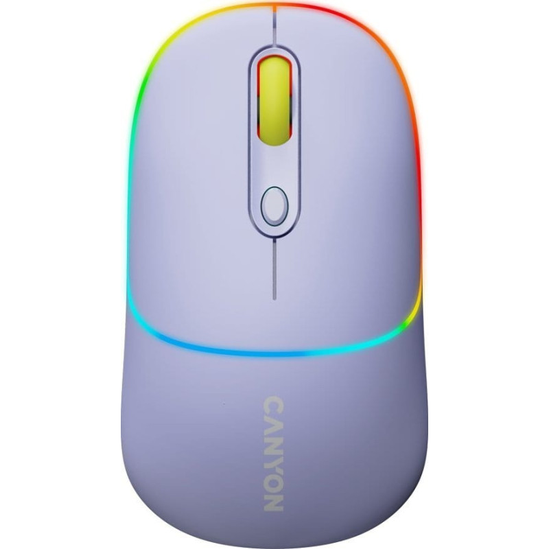 Canyon Mysz Canyon CANYON MW-22, 2 in 1 Wireless optical mouse with 4 buttons,Silent switch for right/left keys,DPI 800/1200/1600, 2 mode(BT/ 2.4GHz), 650mAh Li-poly battery,RGB backlight,Mountain lavender, cable length 0.8m, 110*62*34.2mm, 0.085kg