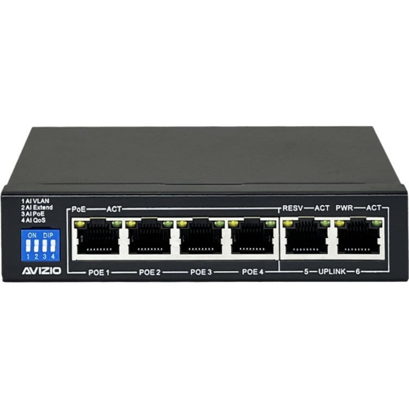 Avizio Switch AVIZIO Niezarządzalny przełącznik (switch) 6xRJ45 - 4 porty RJ45 PoE+ 100Mb/s + 2 porty RJ45 Uplink 100Mb/s (budżet mocy 60W) AVIZIO