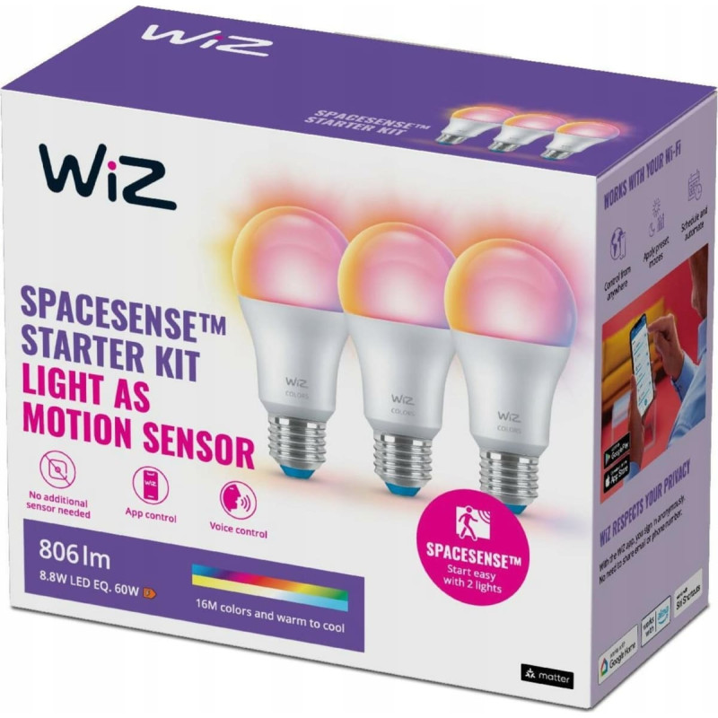 WIZ WiZ,Bulb,8,8W,2200-6500 (RGB),A60,E27,3 pcs lightsource