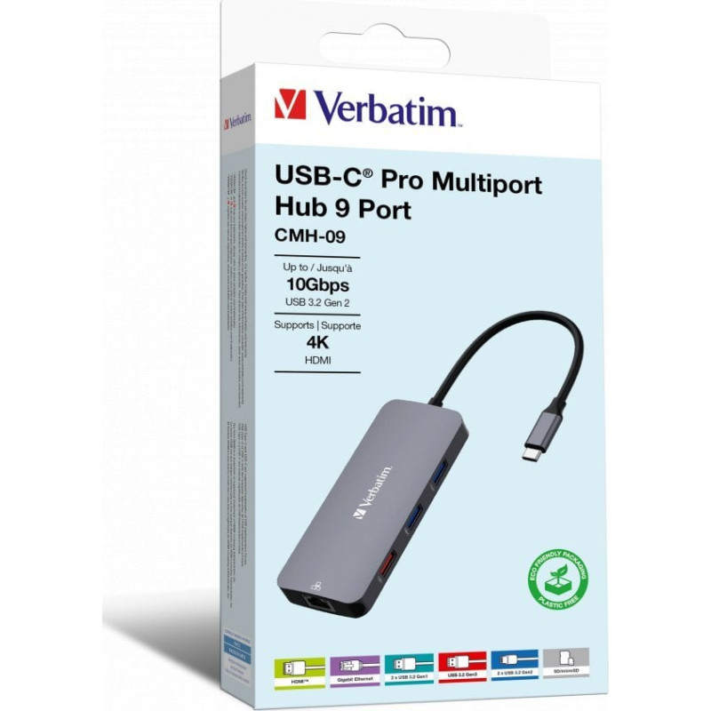 Verbatim Stacja/replikator Verbatim Hub USB Verbatim Multi Port CMH-09: 2xUSB-C 3.1, 1xUSB-A 3.1, 2xUSB-A 3.0, HDMI, RJ-45, SD/microSD