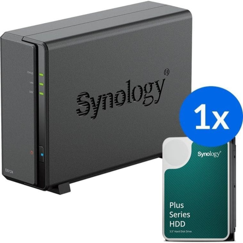 Synology Serwer Synology Synology DS124 /8T | 1-zatokowy serwer NAS w zestawie z dyskiem o łącznej pojemności 8TB, Tower