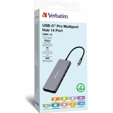 Verbatim Stacja/replikator Verbatim Hub USB Verbatim Multi Port CMH-14: 1x USB-C PD, 3xUSB-A 3.0, 1xUSB-C 3.0, 2xUSB-A 2.0, 2xHDMI, VGA, RJ-45, SD/microSD, audio