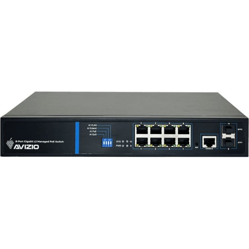 Avizio Switch AVIZIO Zarządzalny przełącznik L2 (switch) 8 portów RJ45 PoE+ 1Gb/s + 2 porty SFP Uplink 1Gb/s + 1 port konsolowy RJ45 (budżet mocy 150W) AVIZIO