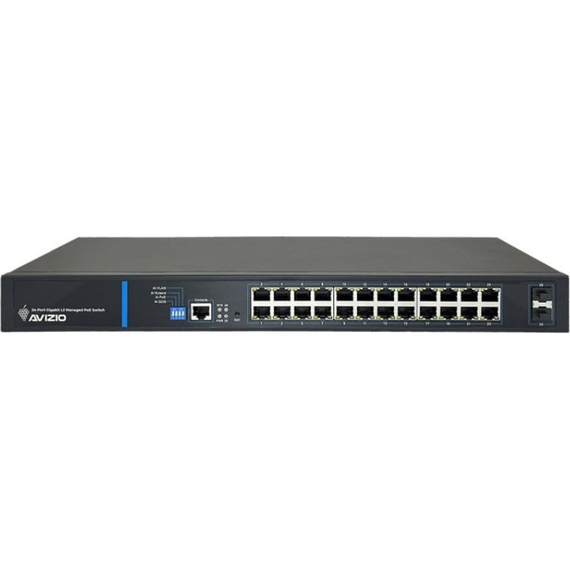 Avizio Switch AVIZIO Zarządzalny przełącznik L2 (switch) 24 porty RJ45 PoE+ 1Gb/s + 2 porty SFP Uplink 1Gb/s + 1 port konsolowy RJ45 (budżet mocy 250W) AVIZIO