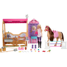 Mattel Lalka Barbie Mattel Stadnina Marzeń Zestaw filmowy Zabawka stadnina z lalką Barbie, figurką konika i akcesoriami (HXJ44)